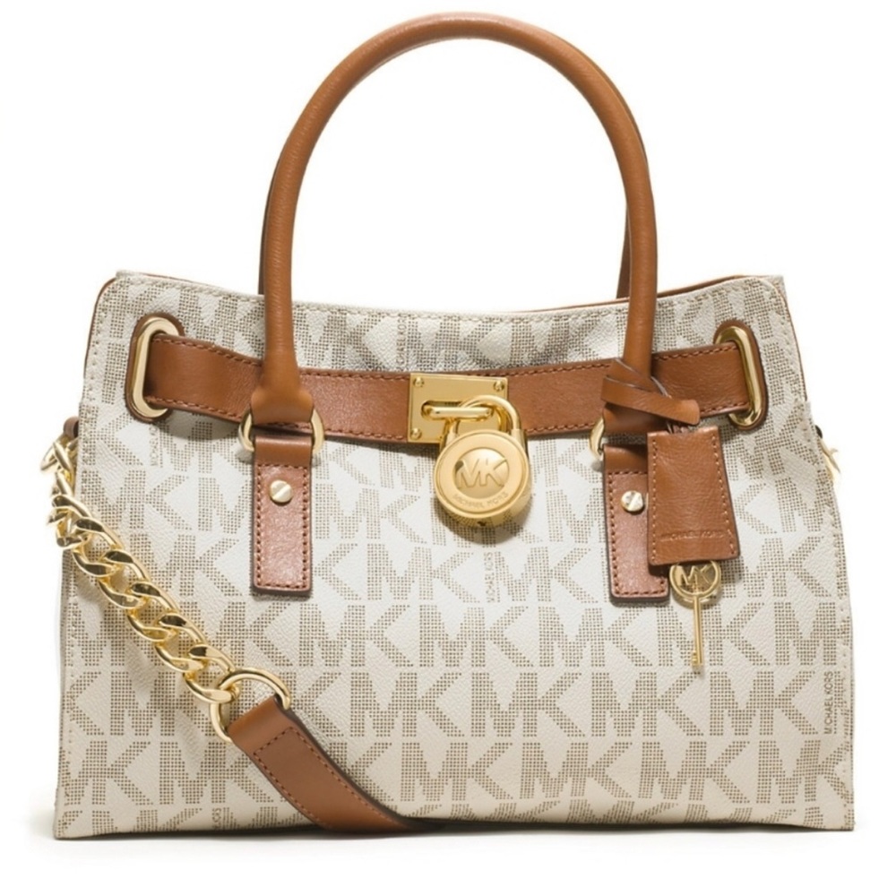 NEW! Michael Kors Hamilton Ivory Monogram Padlock Logo Satchel